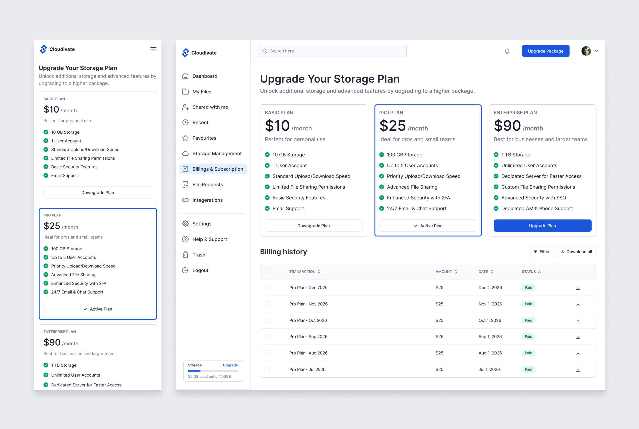 Pricing-upgrade page with mobile version